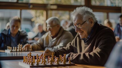 Senior man playing chess at a local senior center with a group of friends