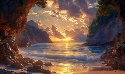 A tranquil beach cove, framed by towering cliffs and bathed in the golden light of dawn
