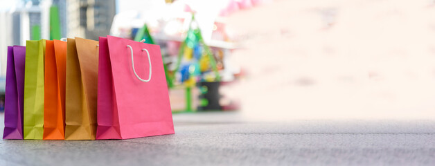 Banner Shopping bags of women crazy shopaholic person at fashion mall. Web Banner Woman love online...