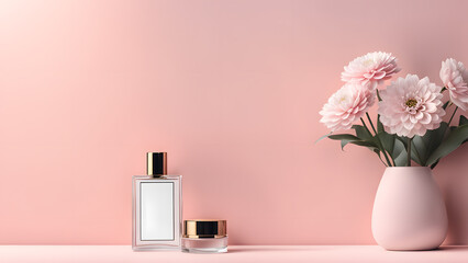 A vase of pink flowers sits on a table next to a bottle of perfume