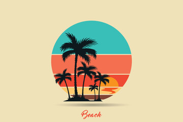 Obraz premium Retro beach logo, Retro Sunset Beach Logo in 80s and 90s style. Abstract sun in the background.