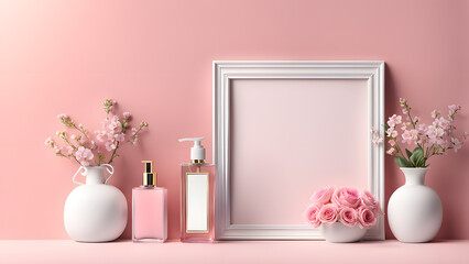 A white frame with a pink background and a vase of pink flowers in the center