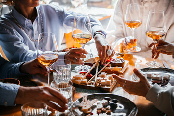 Friends having a dinner party with different kinds of appetizers and rose wine.