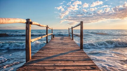 Wooden pier on the sea at sunset. Beautiful natural background.