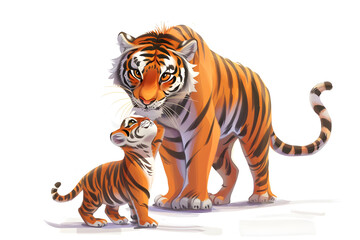 A cute cartoon tiger mother and cub