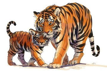 Fototapeta premium A cute cartoon tiger mother and cub