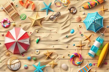 Fototapeta premium Beach Season Display with Sands, Waters, Umbrellas, and Beach Activities on Wooden Background