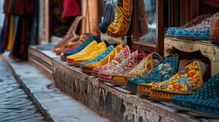 Traditional Moroccan babouche slippers in a street in Morocco