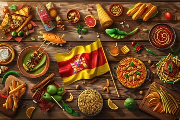 Display of Spain Day with Spanish flag, landmarks, cuisine, and flamenco dancers on a wooden background. - obrazy, fototapety, plakaty