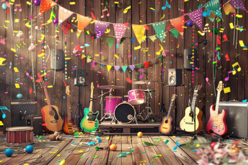 Music Day Celebration Scene with Instruments, Colorful Banners, and Wooden Stage Background