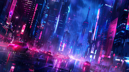 Fototapeta premium abstract background with a futuristic cyberpunk aesthetic, incorporating neon lights and urban elements.