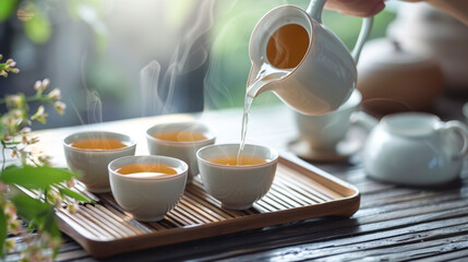 A person is pouring tea into four white cups on a wooden tray - Powered by Adobe