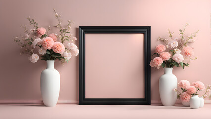 A black frame with a white background sits between two vases of pink flowers