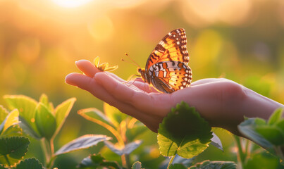 A hand holding a butterfly in a field of green grass