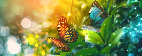 Two butterflies are flying in a lush green field - Powered by Adobe