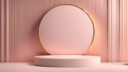 A pink wall with a gold circle in the middle