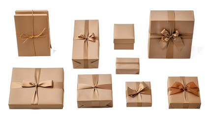 Set of brown craft paper wrapped gift boxes, cut out
