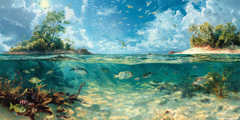 Picture of a tropical island entering the sea Bringing both marine and terrestrial life together.
