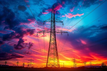 Electricity pylons under vibrant sunset skies