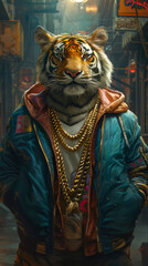 Trendsetting tiger in a bomber jacket, accessorized with gold chains, against a graffiti-filled