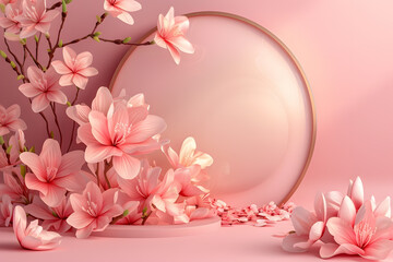 Elegant Pink Magnolia Flowers with Circular Frame on Pastel Background