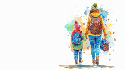 Colorful watercolor of A mother with her preschooler going to school