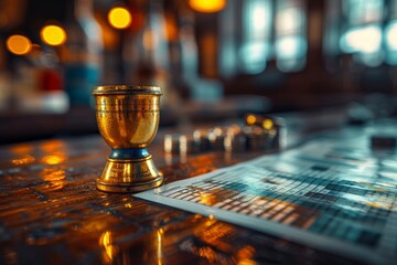 Golden chalice on a vintage chess table