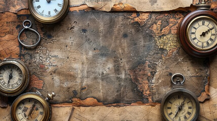 A vintage map with four clocks on it