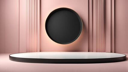 A black and white photo of a white circle with a pink background
