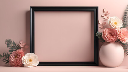 A black frame with a white background sits on a table next to a vase of flowers