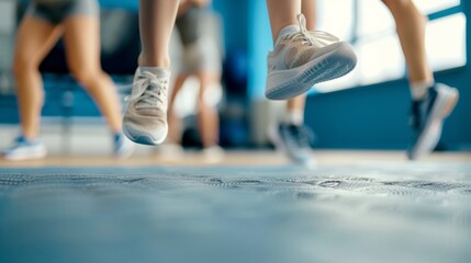 A closeup of a persons feet as they perform a series of jumps and squats in a boutique fitness class focused on plyometrics.