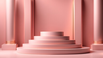 A pink stage with a podium and pillars