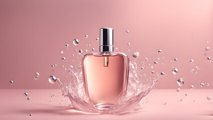 A bottle of perfume is surrounded by water droplets