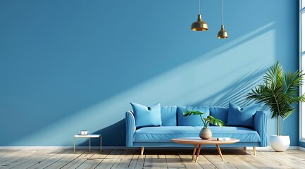 Fototapeta premium Luxurious mansion with blue sofa, beautiful rooms, copy space, space for texting, Generative AI.豪華な豪邸に青いソファー、綺麗な部屋、コピースペース,テキスト用スペース,Generative AI。