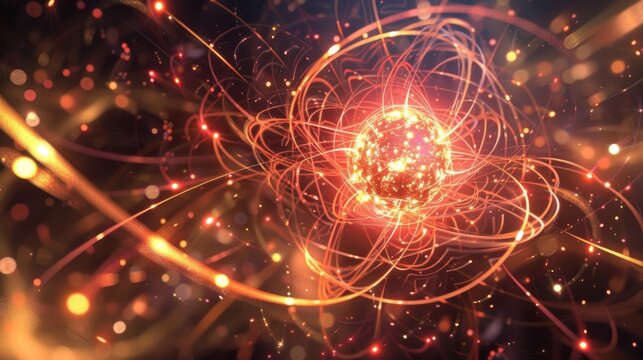 A representation of the inner workings of an atom with particles colliding at breakneck speeds.