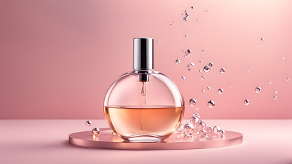 A bottle of perfume is on a table with a pink background