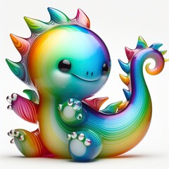 A stunning blown glass sculpture of a playful, cute Dinosaur with seamlessly blended rainbow colors, white background