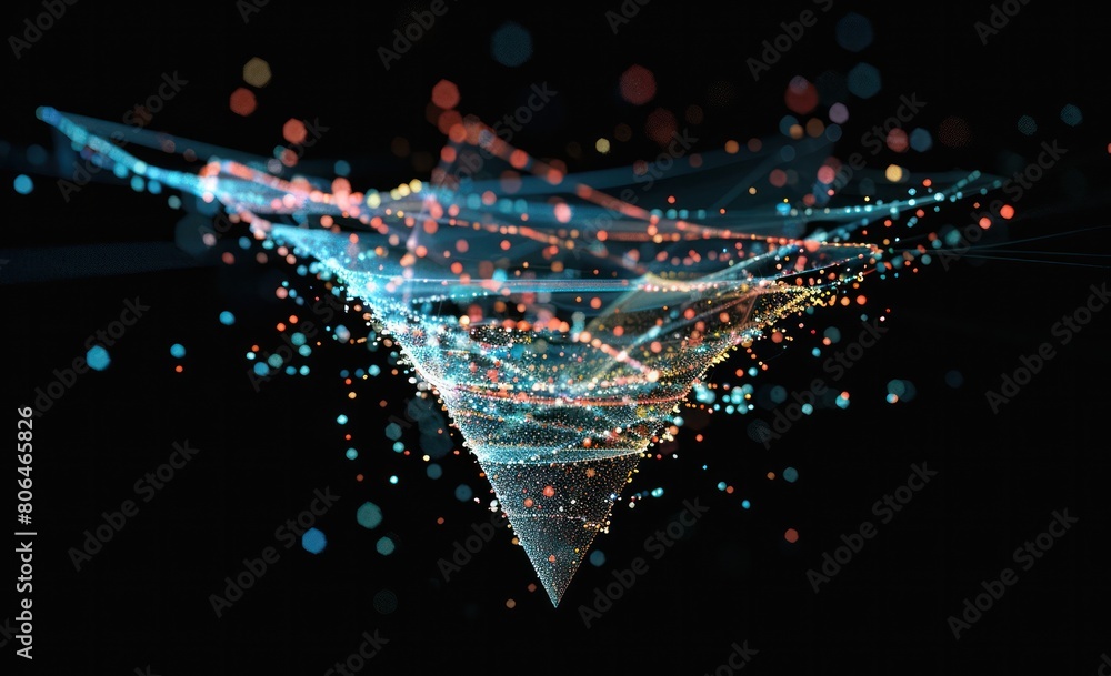Aufkleber a group of node edge relationships shaped like a funnel. completely black background nodes are conne