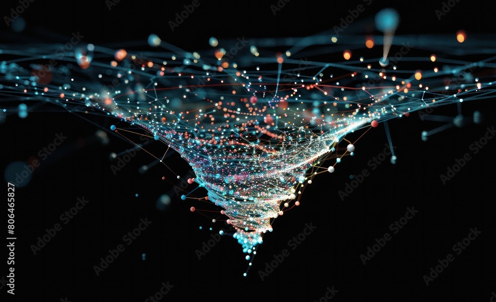 Aufkleber A group of node edge relationships shaped like a funnel. completely black background Nodes are connected by a network of thin lines. Bright colors in neon shades