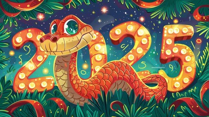 Delightful illustration of a snake creatively forming the year 2025 amidst a dense jungle decorated with festive ornaments and sparkling stars