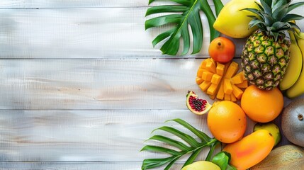 A diverse selection of tropical fruits and leaves displayed on a wooden table, perfect ingredients...