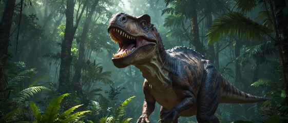Obraz premium A T-Rex dinosaur in a fantastic jungle. 