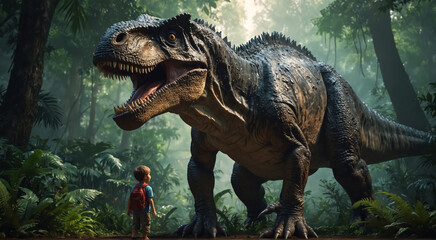 A T-Rex dinosaur and a child in a fantastic jungle.
