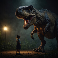 A T-Rex dinosaur and a child in a fantastic jungle.
