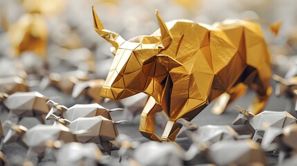 Gleaming Golden Origami Bull Commanding Metallic Herd Symbolic of Innovative Vision and Bold Guidance Generative ai