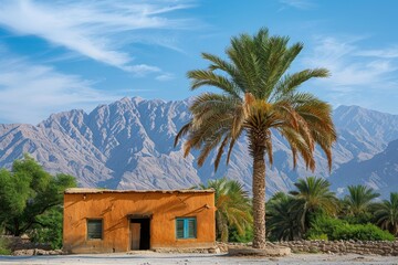 a date palm grows outside. Concept of warm summer tropical climate, lifestyle vacation