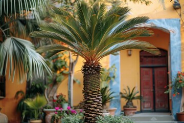 a date palm grows outside. Concept of warm summer tropical climate, lifestyle vacation
