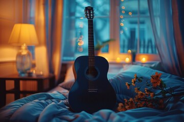A guitar on a musician's bed. Concept of hobby and developing your talent at home