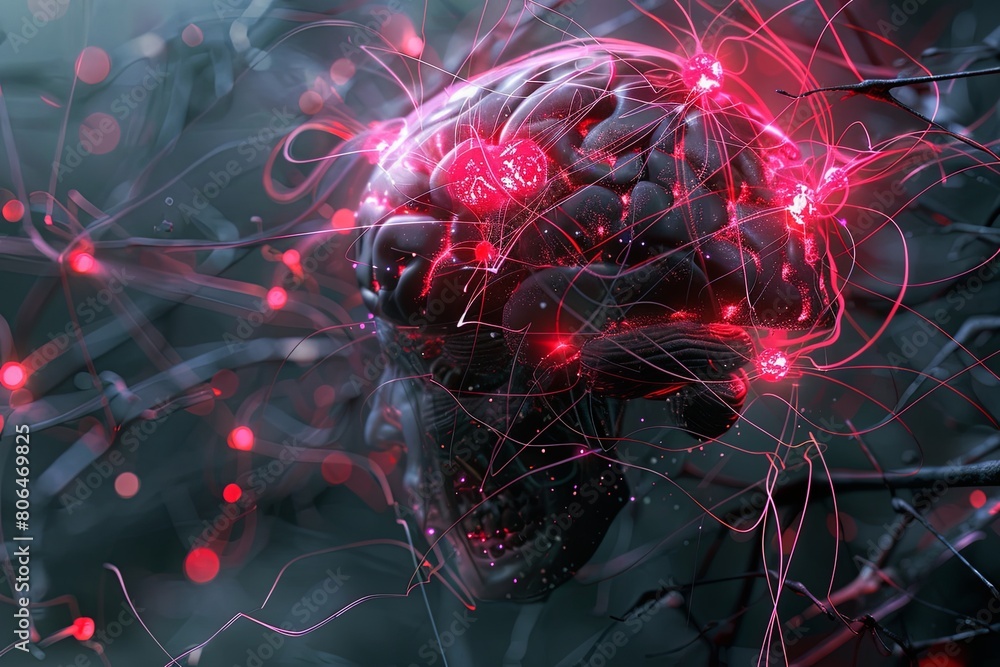 Poster a digital artwork showcasing a detailed computer-generated image of a human brain with intricate con