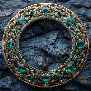  Emerald and gold, A large emerald green circle with a gold frame and intricate details, exuding opulence